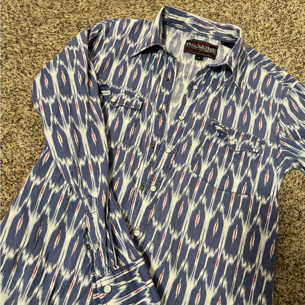 Rock&Roll Cowboy Blue and White Ikat Men's Snapped Shirt